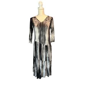 Forgotten Grace Size Small Boho Knit tie Dyed Midi Dress Black Gray 3/4 Sleeves